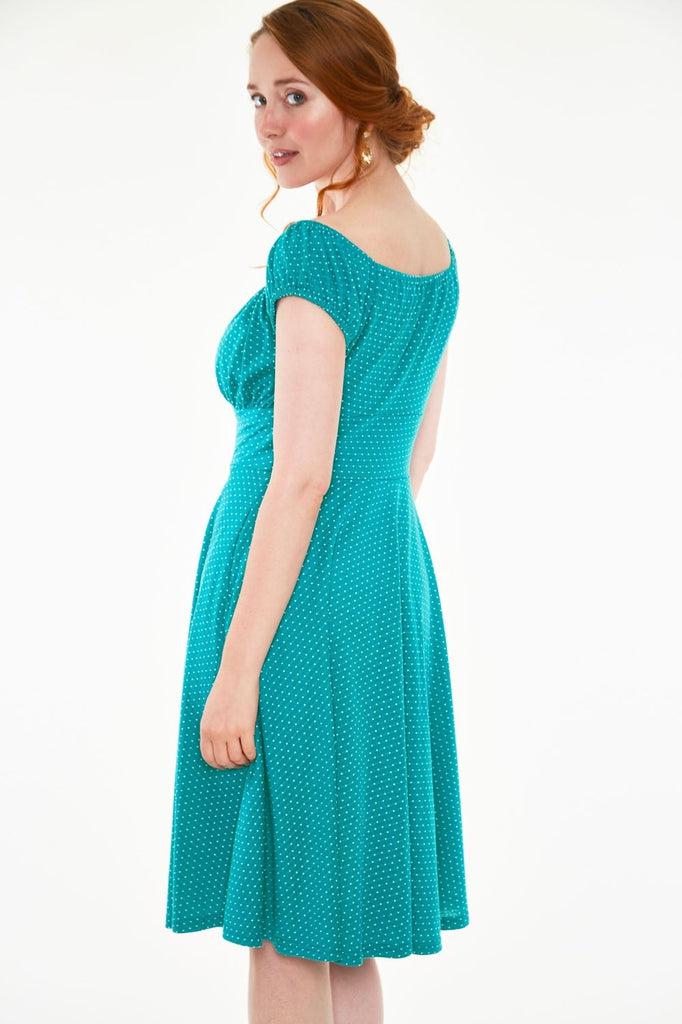 Tessy Gathered Neckline Polka Dot Flare Dress-Voodoo Vixen-Dark Fashion Clothing