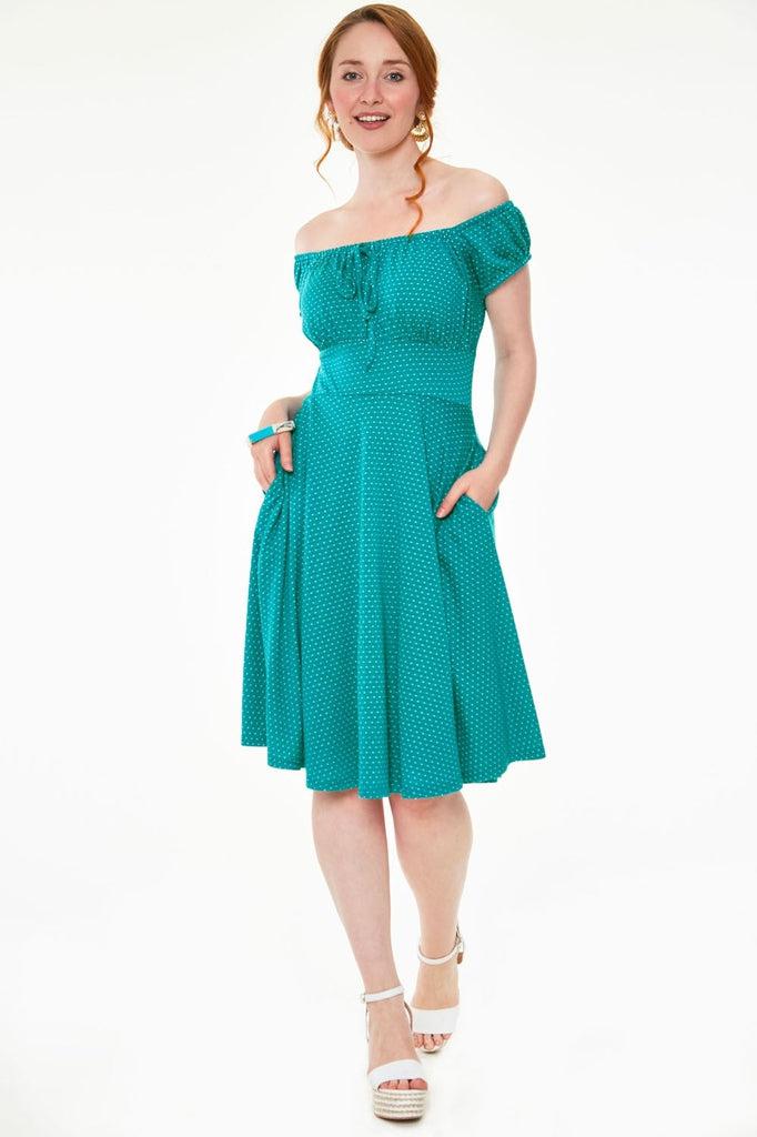 Tessy Gathered Neckline Polka Dot Flare Dress-Voodoo Vixen-Dark Fashion Clothing