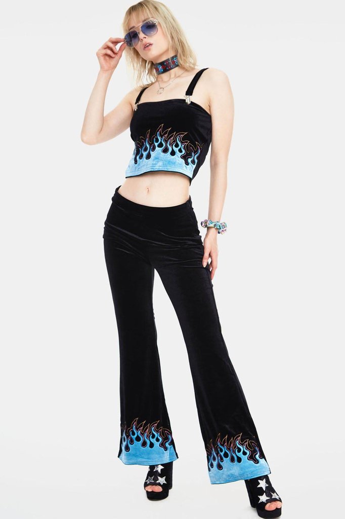 Too Hot To Handle Flame Flared Trousers-Jawbreaker-Dark Fashion Clothing