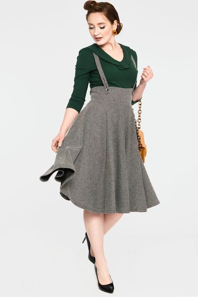 Toyin Overall Herringbone Flared Skirt-Voodoo Vixen-Dark Fashion Clothing