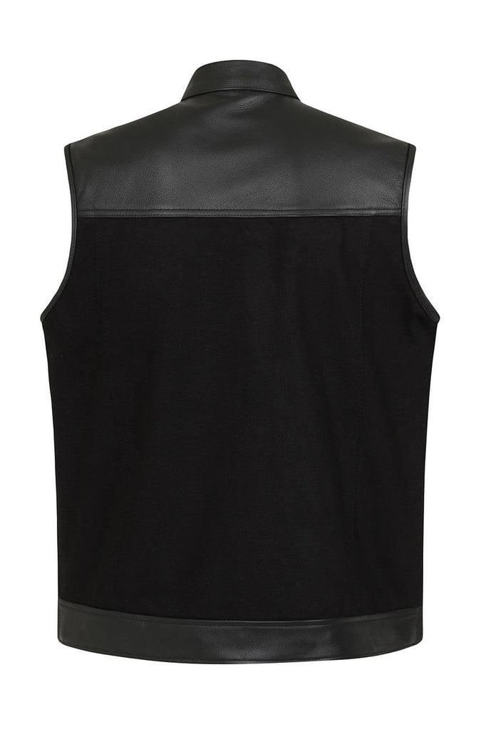 Vargas Black Denim & Leather Expandable Biker Vest-Skintan Leather-Dark Fashion Clothing