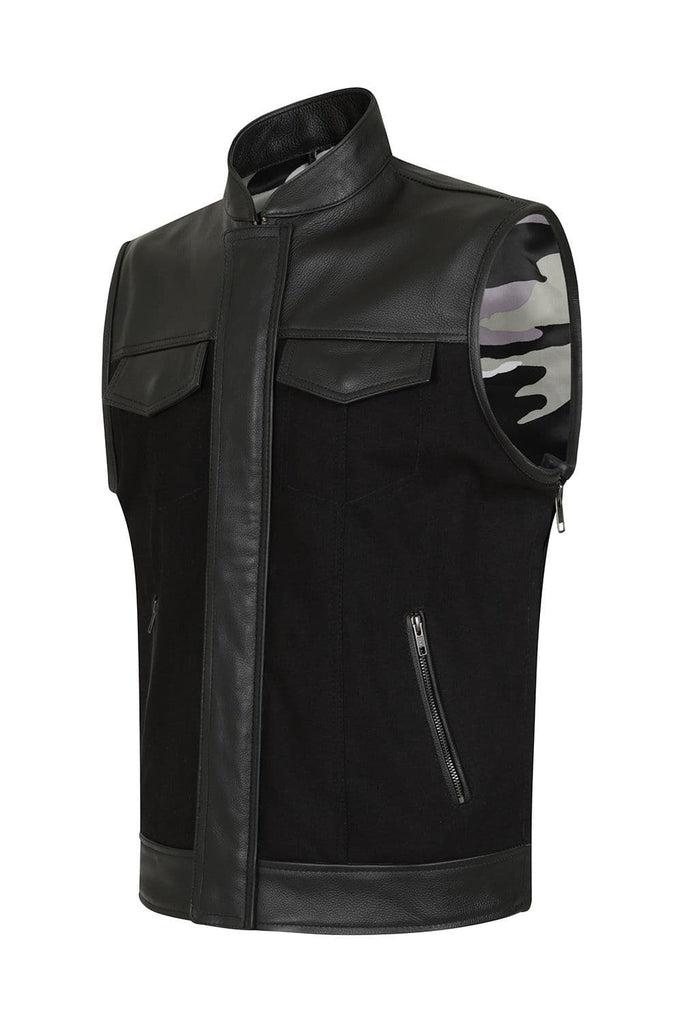 Vargas Black Denim & Leather Expandable Biker Vest-Skintan Leather-Dark Fashion Clothing