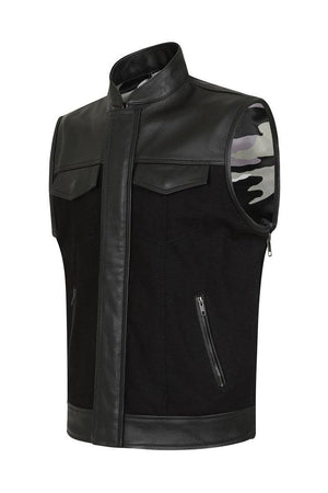 Vargas Black Denim & Leather Expandable Biker Vest-Skintan Leather-Dark Fashion Clothing