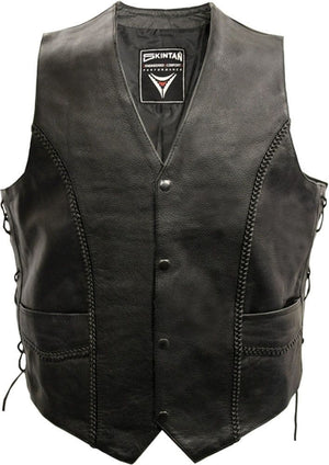 Weaver Lace Sides & Plait Leather Biker Vest-Skintan Leather-Dark Fashion Clothing