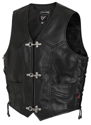 Webb Leather Lace Sided Fish & Hook Fastening Biker Vest-Skintan Leather-Dark Fashion Clothing
