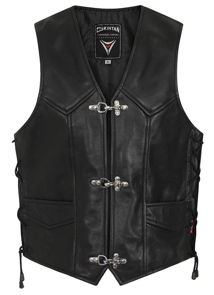 Webb Leather Lace Sided Fish & Hook Fastening Biker Vest-Skintan Leather-Dark Fashion Clothing