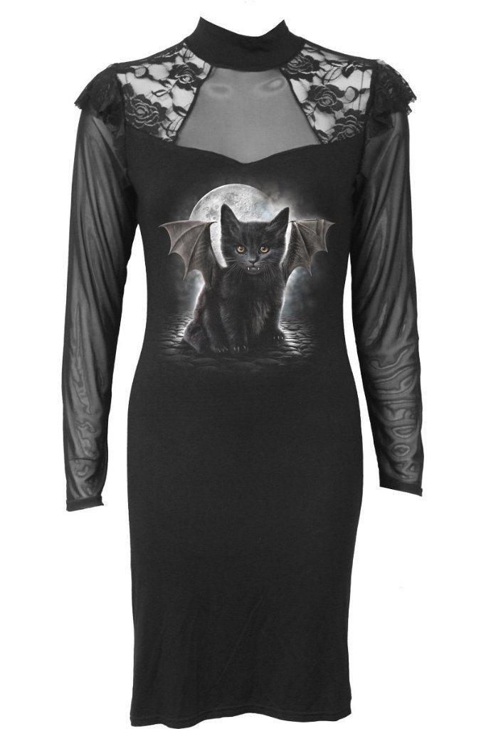 Bat Cat - Lace Shoulder Corset Dress-Spiral-Dark Fashion Clothing