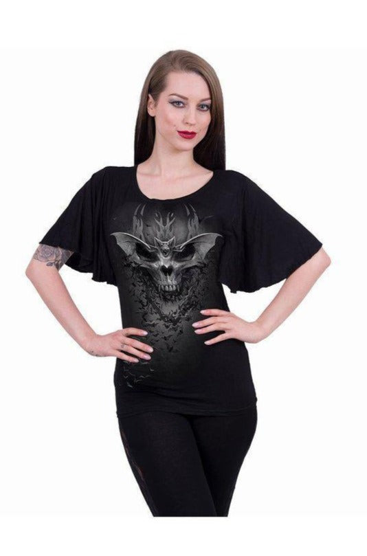 Bat Skull - Boat Neck Bat Sleeve Top Black-Spiral-Dark Fashion Clothing