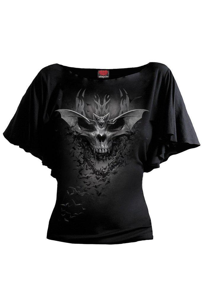 Bat Skull - Boat Neck Bat Sleeve Top Black-Spiral-Dark Fashion Clothing