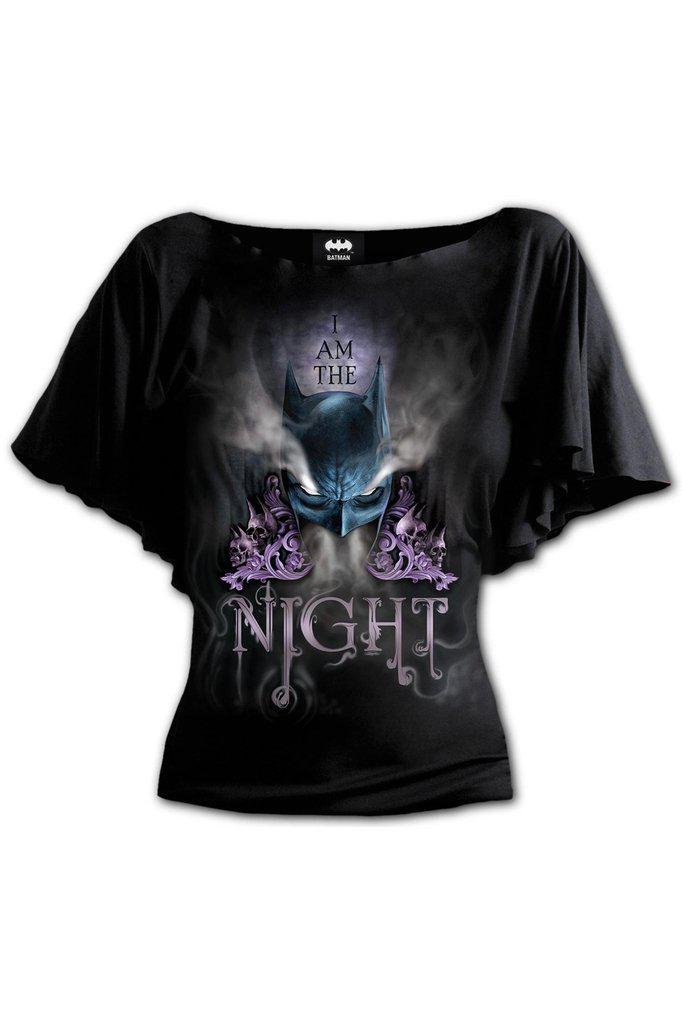 Batman - I Am The Night - Boat Neck Bat Sleeve Top Black-Spiral-Dark Fashion Clothing