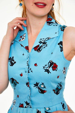 Betty Kitchen Kitty Print Shirt Dress-Voodoo Vixen-Dark Fashion Clothing