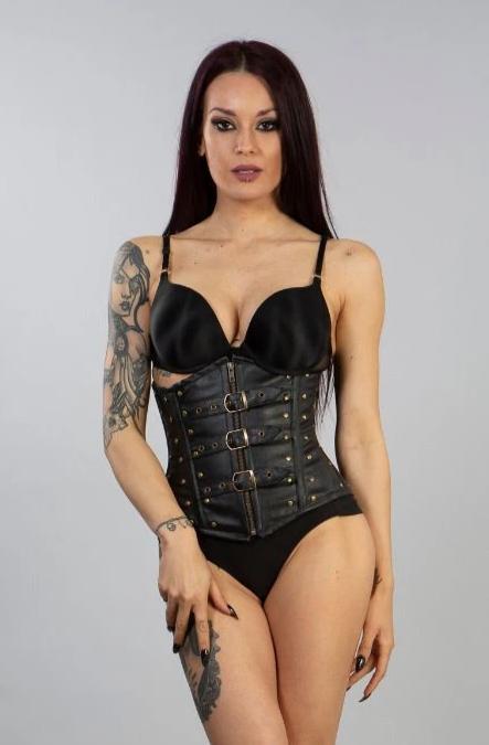 Biker Underbust Corset With Studs In Black Matte Vinyl-Burleska-Dark Fashion Clothing