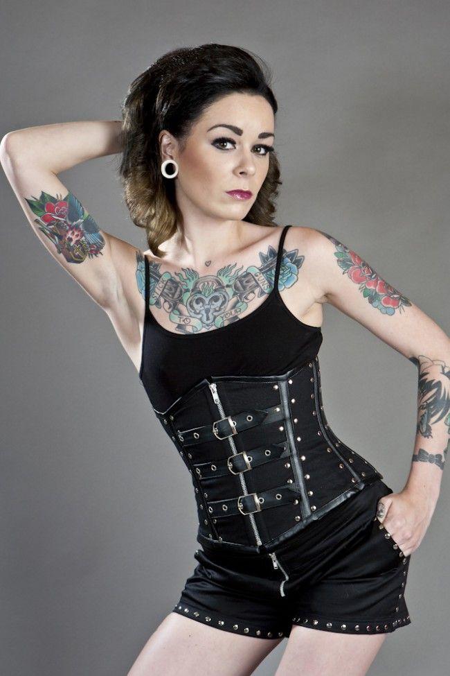 Biker Underbust Corset With Studs In Black Twill-Burleska-Dark Fashion Clothing