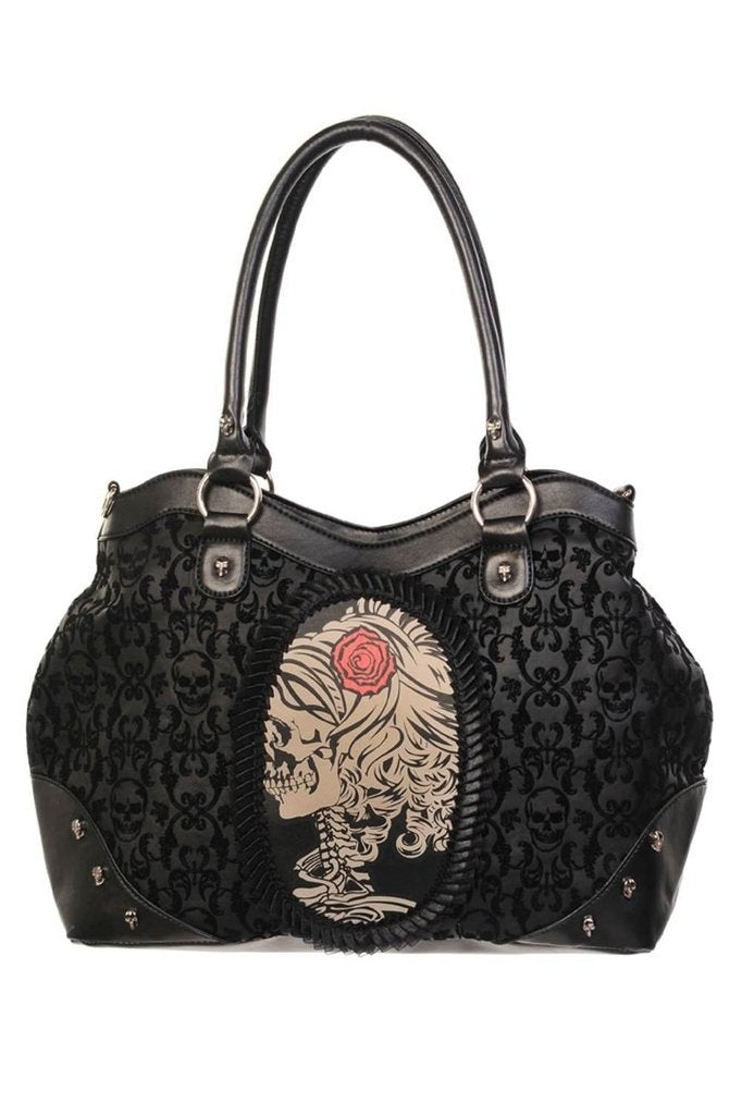 Black Flocked Cameo Lady Rose Skull Handbag-Banned-Dark Fashion Clothing