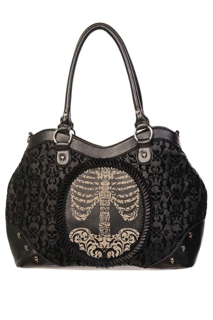Black Flocked Cameo Skeleton Handbag-Banned-Dark Fashion Clothing