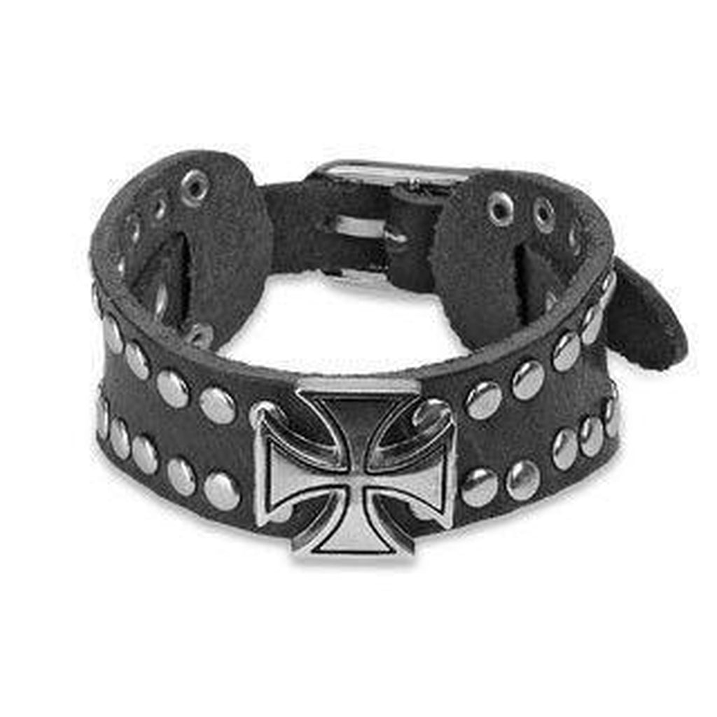 Black Leather and Steel Bracelet With Iron Cross and Studs-Spikes-Dark Fashion Clothing