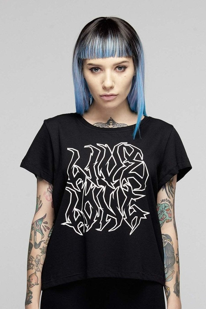Black Live Long Metal Logo Crop T-Shirt-Long Clothing-Dark Fashion Clothing