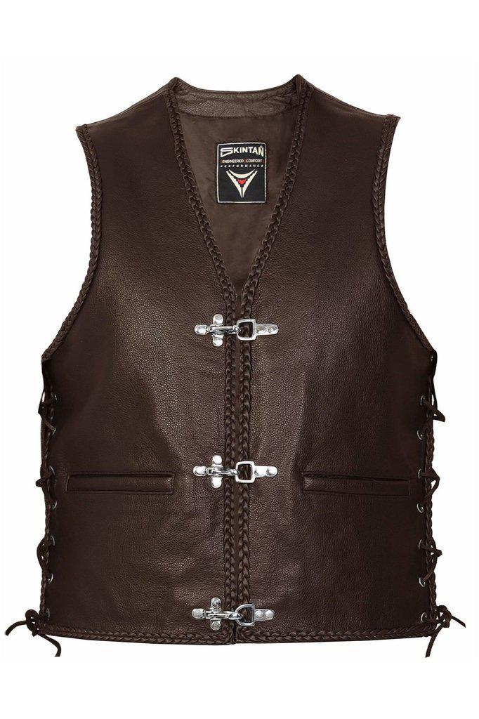 Black or Brown Leather Fish Hook Buckle & Braid Waistcoat - Buckle Cut-Off-Skintan Leather-Dark Fashion Clothing