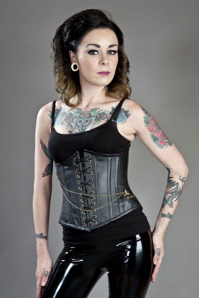 Black Steampunk Underbust Corset With Pocket Watch In Matte Vinyl-Burleska-Dark Fashion Clothing