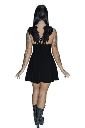 Black Wings Raw Silk Mini Dress - Angelique-Dr Faust-Dark Fashion Clothing