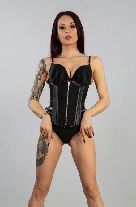 Blade Zip Underbust Corset In Black Twill And Matt Imitation Leather-Burleska-Dark Fashion Clothing