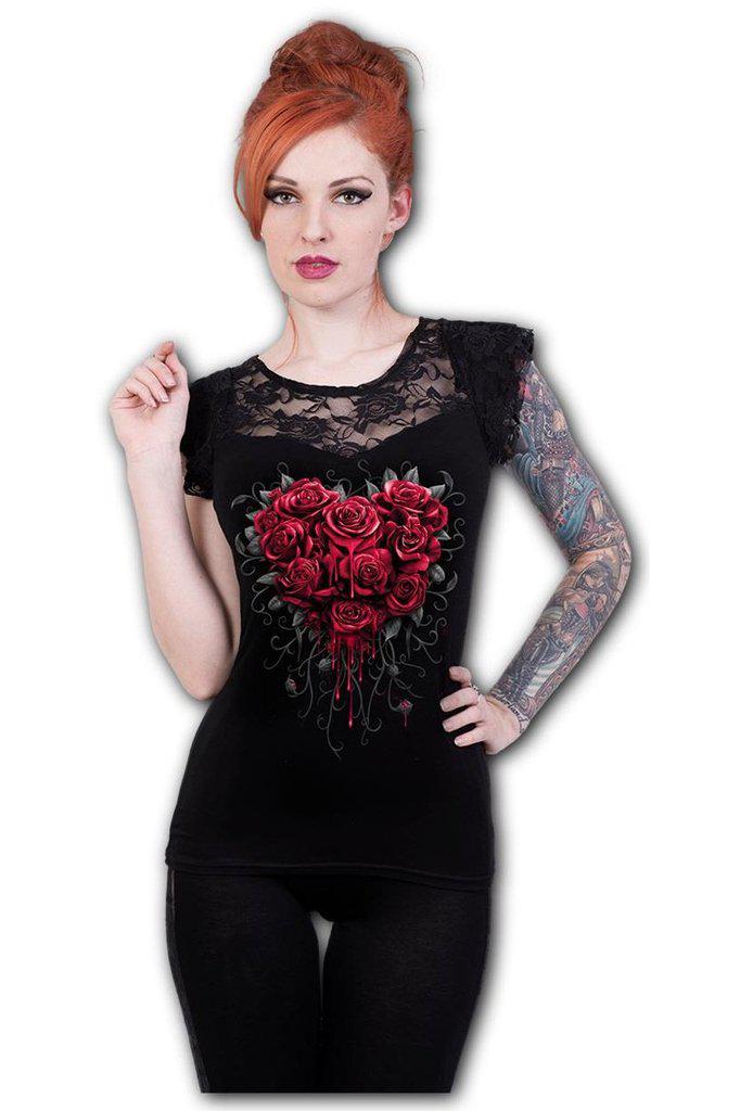 Bleeding Heart - Lace Layered Cap Sleeve Top Black-Spiral-Dark Fashion Clothing