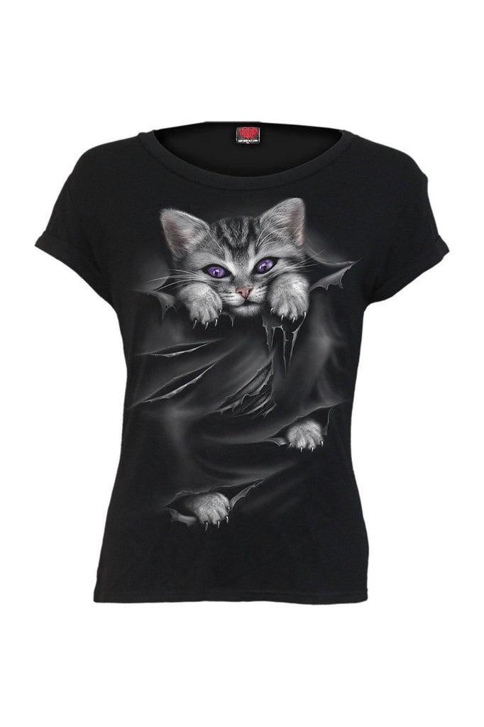 Bright Eyes - Boatneck Cap Sleeve Top Black-Spiral-Dark Fashion Clothing