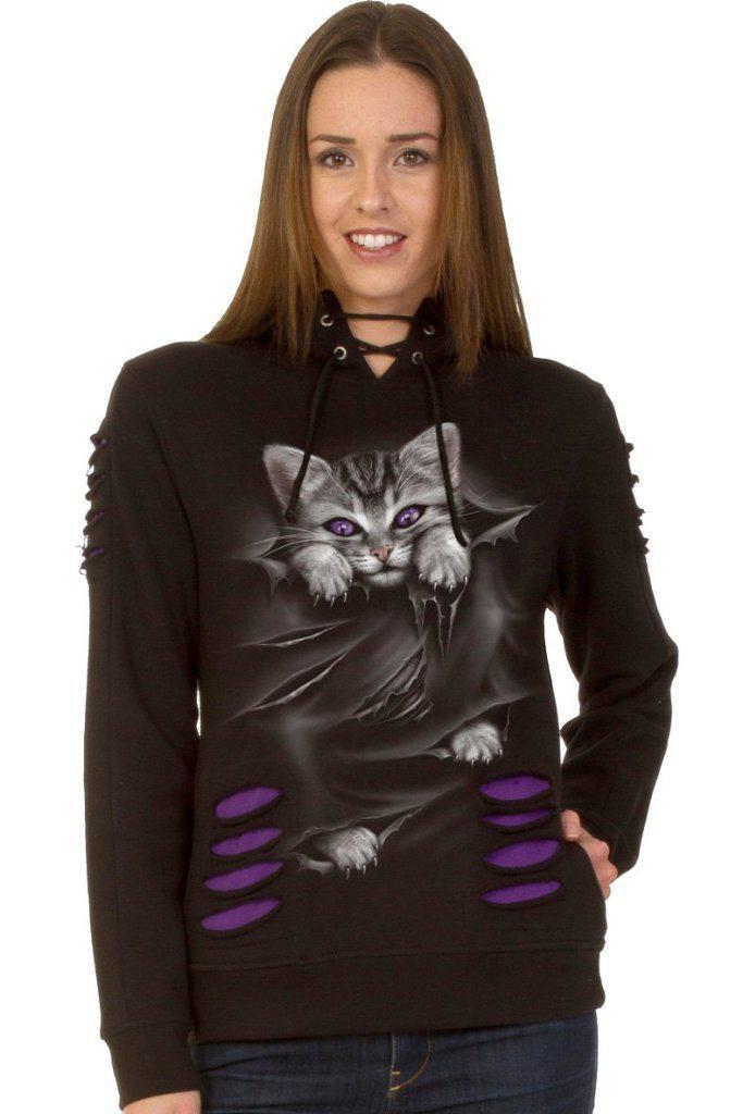 Bright Eyes - Large Hood Ripped Hoody Purple-Black-Spiral-Dark Fashion Clothing