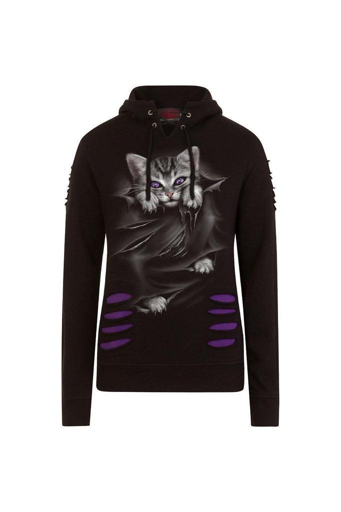 Bright Eyes - Large Hood Ripped Hoody Purple-Black-Spiral-Dark Fashion Clothing