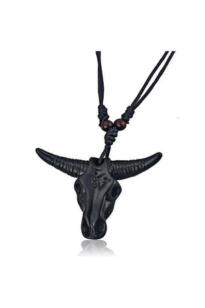 Bull Skull Bone Carving Pendant and Black Necklace - Daleyza-Dr Faust-Dark Fashion Clothing
