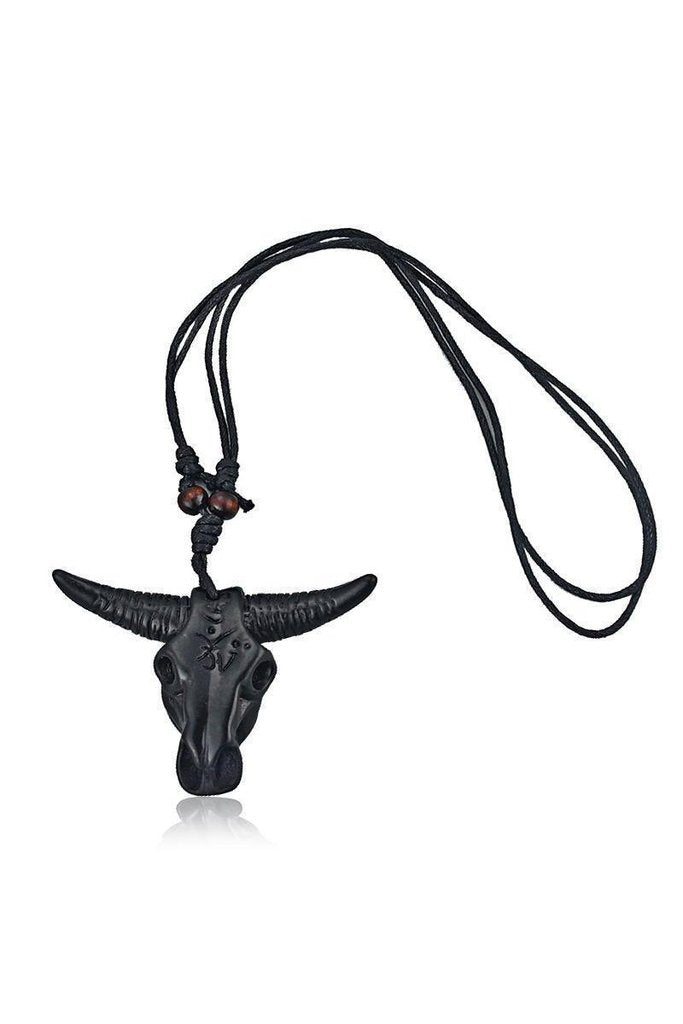 Bull Skull Bone Carving Pendant and Black Necklace - Daleyza-Dr Faust-Dark Fashion Clothing