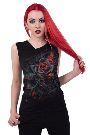 Burnt Rose - Gathered Shoulder Slant Vest Black-Spiral-Dark Fashion Clothing