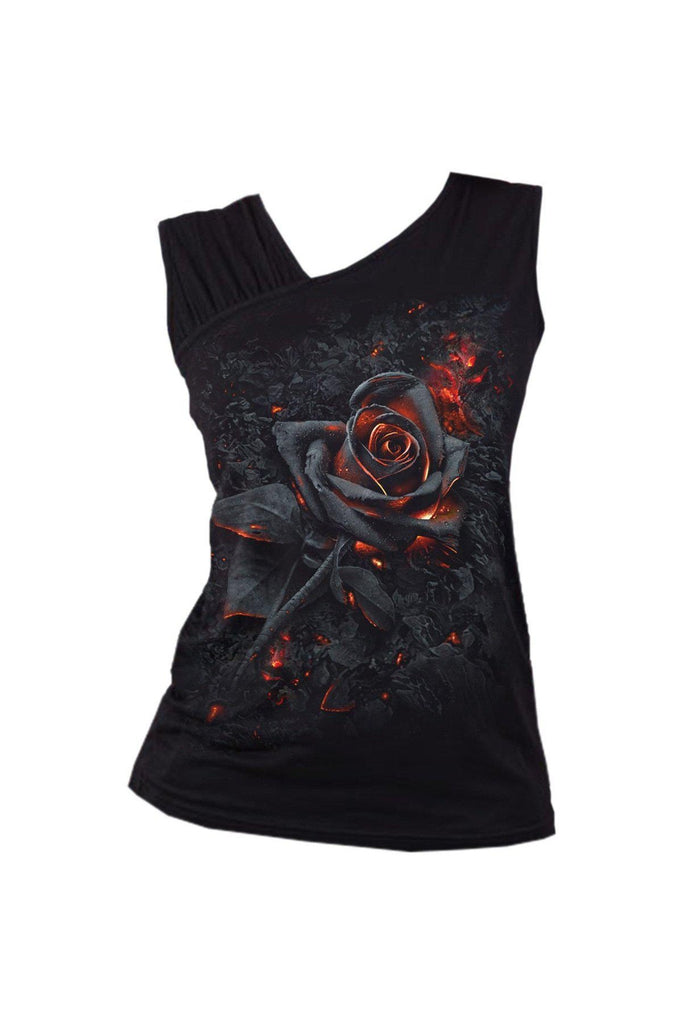 Burnt Rose - Gathered Shoulder Slant Vest Black-Spiral-Dark Fashion Clothing