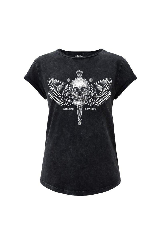 Butterfly Skull Rolled Sleeve Tee-Toxico-Dark Fashion Clothing