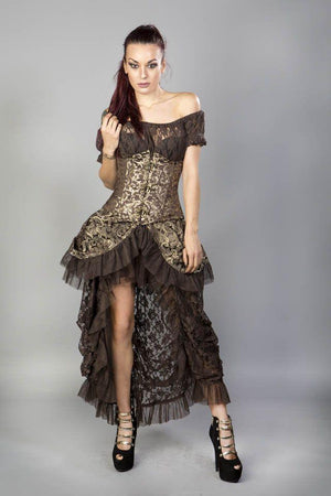 Candy C-lock Underbust Burlesque Corset In Brown & Gold Scroll Brocade-Burleska-Dark Fashion Clothing