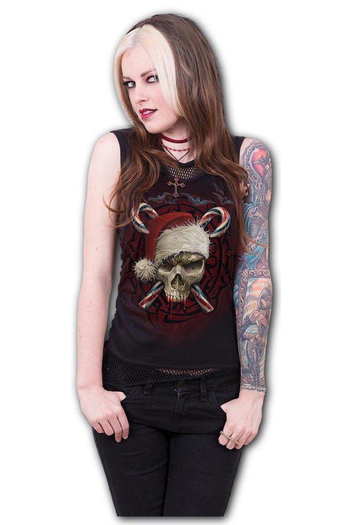Candy Cane Santa - 2in1 Neck Tie Mesh Top Black-Spiral-Dark Fashion Clothing