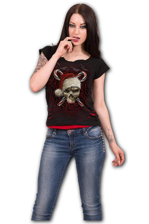Candy Cane Santa - 2in1 Red Ripped Top Black-Spiral-Dark Fashion Clothing