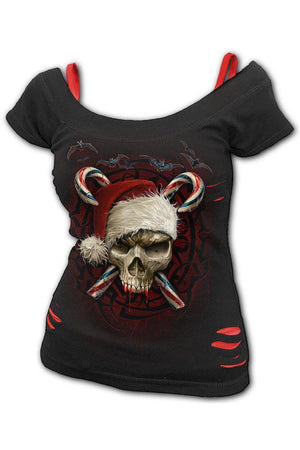 Candy Cane Santa - 2in1 Red Ripped Top Black-Spiral-Dark Fashion Clothing