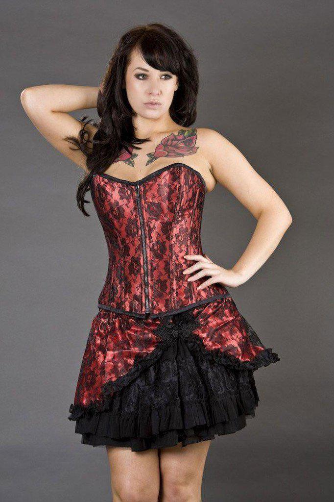 Candy Mini Flare Skirt In Satin And Black Lace Overlay-Burleska-Dark Fashion Clothing