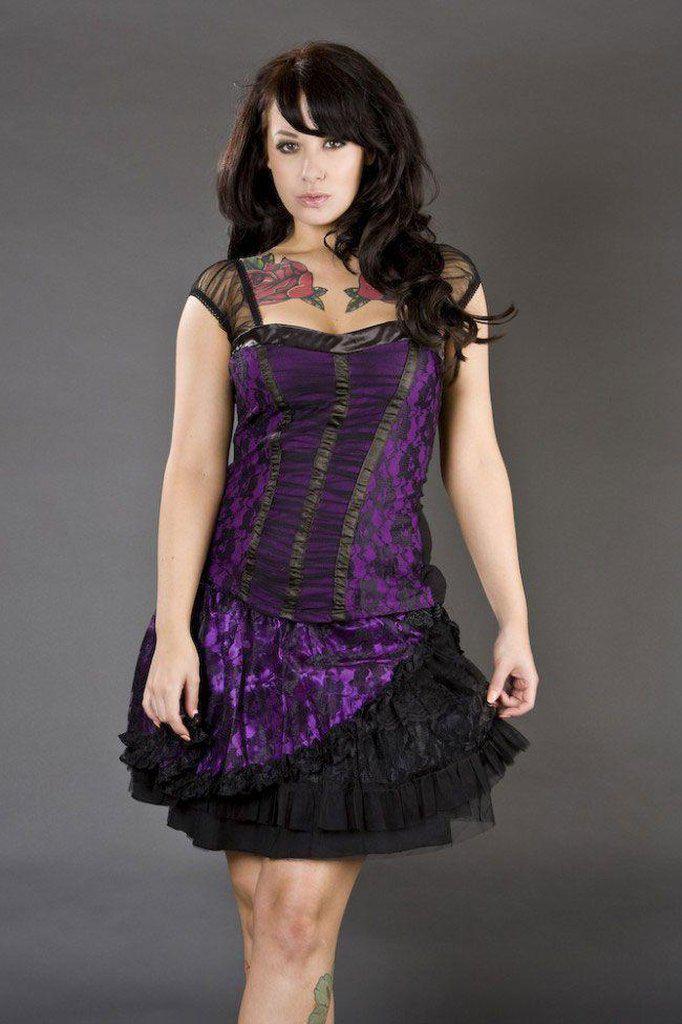 Candy Mini Flare Skirt In Satin And Black Lace Overlay-Burleska-Dark Fashion Clothing