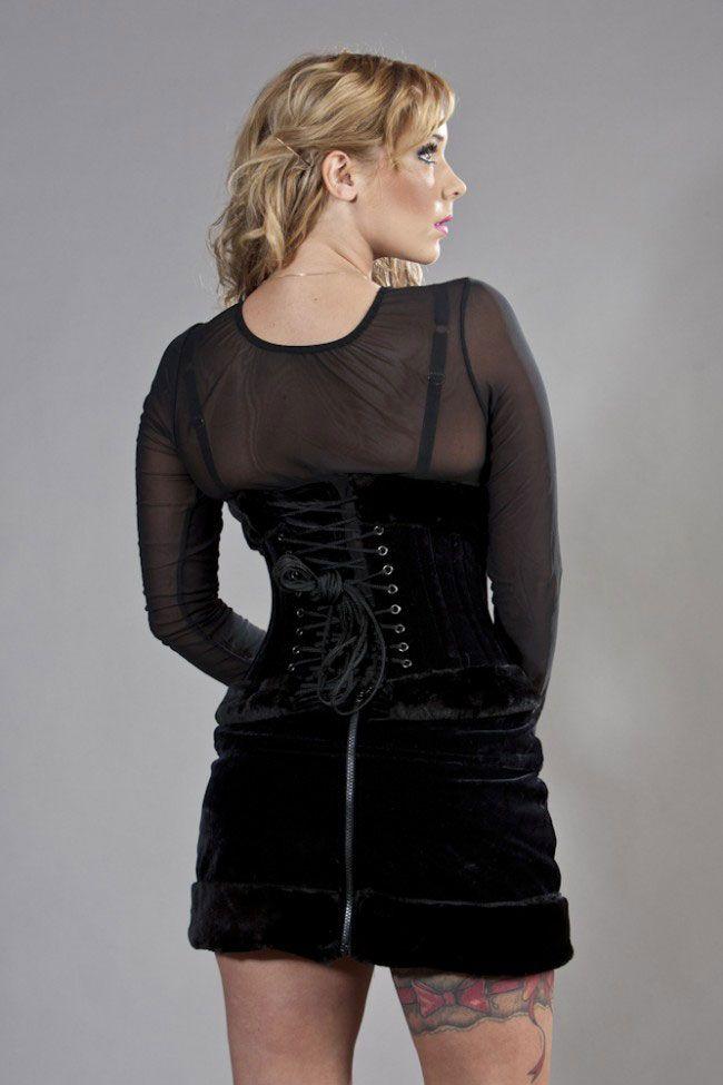 Candy Underbust Steel Boned Corset In Black Velvet Flock & Black Fur-Burleska-Dark Fashion Clothing