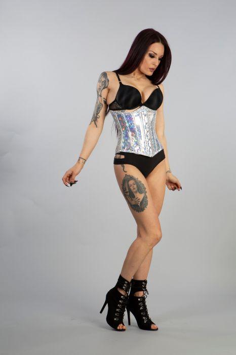 Candy Underbust Steel Boned Corset In Hologram Silver PVC Vinyl-Burleska-Dark Fashion Clothing