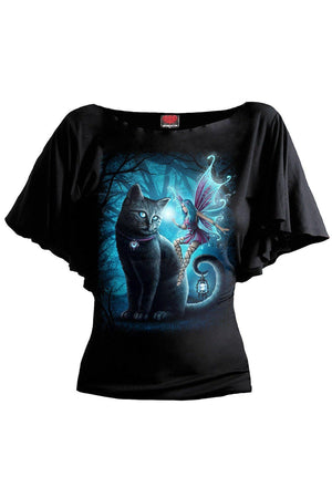 Cat And Fairy - Boat Neck Bat Sleeve Top Black-Spiral-Dark Fashion Clothing