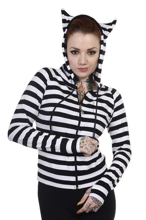 Cat Ears Striped Hoodie-Banned-Dark Fashion Clothing