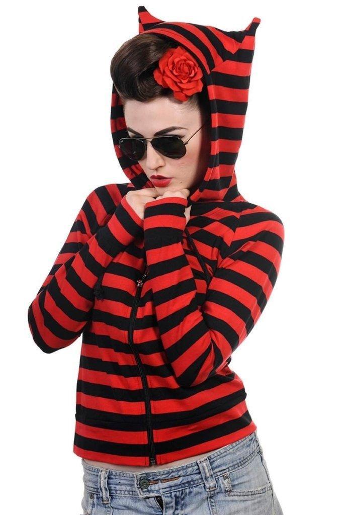 Cat Ears Striped Hoodie-Banned-Dark Fashion Clothing