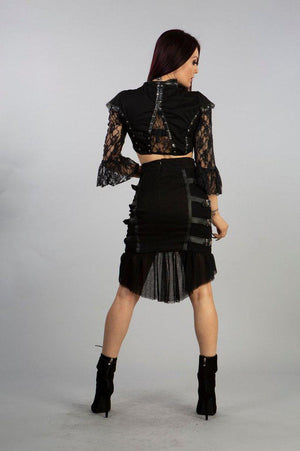 Cecillia Knee Length Skirt In Black Twill And Fishnet Panels-Burleska-Dark Fashion Clothing