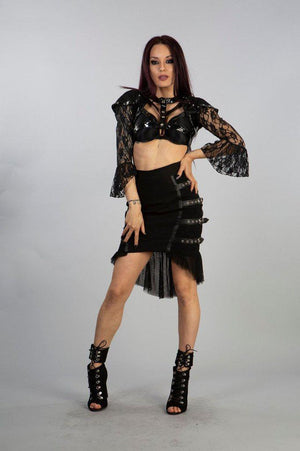 Cecillia Knee Length Skirt In Black Twill And Fishnet Panels-Burleska-Dark Fashion Clothing