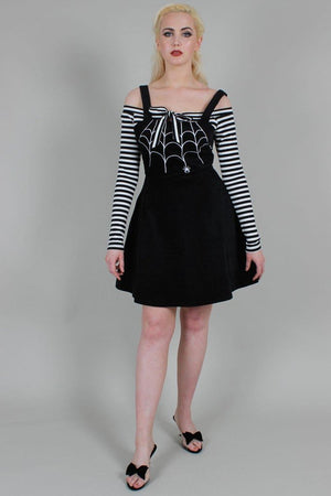 Charlotte Spider Web Embroidery Overall Corduroy Dress-Voodoo Vixen-Dark Fashion Clothing