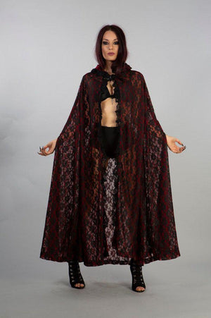 Cherryl Hooded Cape In Black Lace And Red Mesh Lining-Burleska-Dark Fashion Clothing