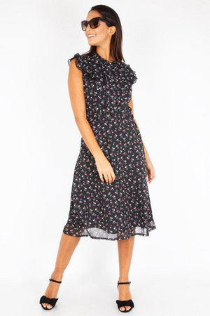 Cheryl Cherry Print Black Tea Dress-Voodoo Vixen-Dark Fashion Clothing